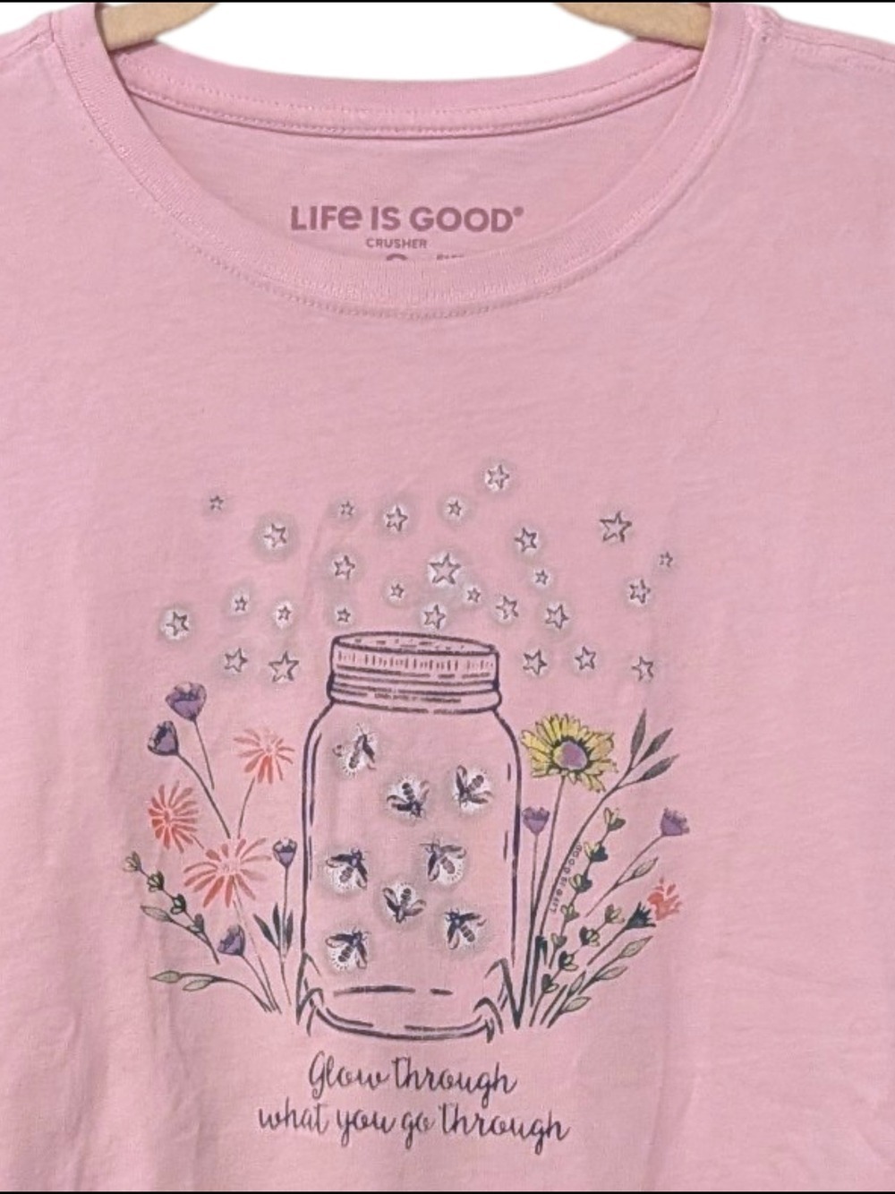 Life Is Good Light Pink Graphic T-Shirt Mason Jar Wildflower Firefly Art